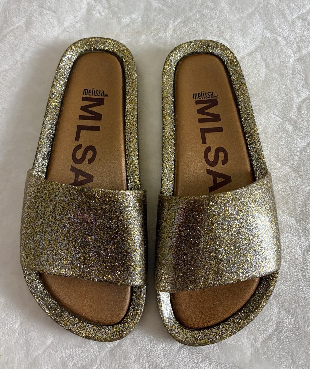 Melissa MLSA Women Size 6 Gold Glitter Metallic Jelly Sandals Beach Slides Flats